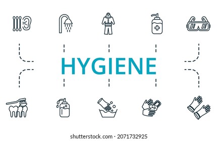 Conjunto de iconos de higiene. Colección de elementos simples como guantes de goma, limpieza de dientes, lavado de manos, gel de desinfección, ducha, traje protector.
