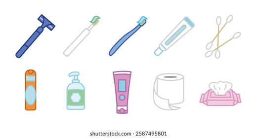 Hygiene icon set colored. Personal care and grooming vector illustration. Bathroom essentials concept. Toothbrush, razor and soap symbols. Skincare and dental sanitation colorful representation.