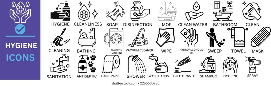 Hygiene-Icon-Set. Mit Reinigungs-, Desinfektions-, Seife-, Bade-, Sweep-, Dusche-, Händewaschen, sauberen und sanitären Symbolen. Das Konzept der Sauberkeit. Kollektion von festen Symbolen.