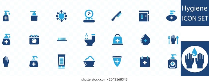 Hygiene-Icon-Set. Enthaltend Reinigung, Desinfektion, Seife, Baden, Sweep, Dusche, Hände waschen, saubere und sanitäre Symbole. Reinheitskonzept