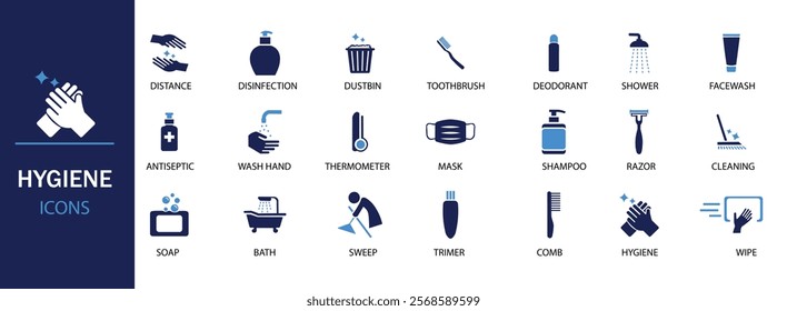 Hygiene icon set. Containing cleaning, disinfection, soap, bathing, sweep, shower, washing hands, clean and sanitation icons. Cleanliness concept. Solid icon collection.