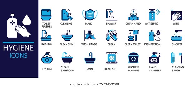 Hygiene icon set. Containing cleaning, disinfection, soap, bathing, sweep, shower, washing hands, clean and sanitation icons.