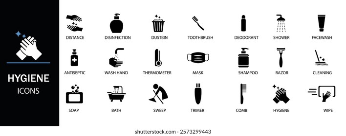 Hygiene icon set. Containing cleaning, disinfection, soap, bathing, sweep, shower, washing hands, clean and sanitation icons. Cleanliness concept. Solid icon collection.