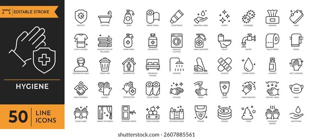 Hygiene icon set. Containing cleaning, disinfection, soap, bathing, sweep, shower, washing hands, clean and sanitation icons. Vector illustration
