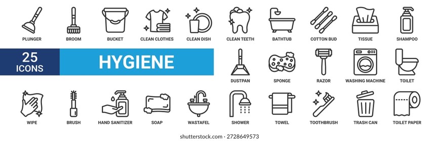 Conjunto de iconos de higiene. Contiene el émbolo, la escoba, el cubo, la ropa limpia, el plato limpio, los dientes limpios, la bañera, la yema de algodón, el pañuelo de papel, el champú y más. Colección de iconos vectoriales de línea.