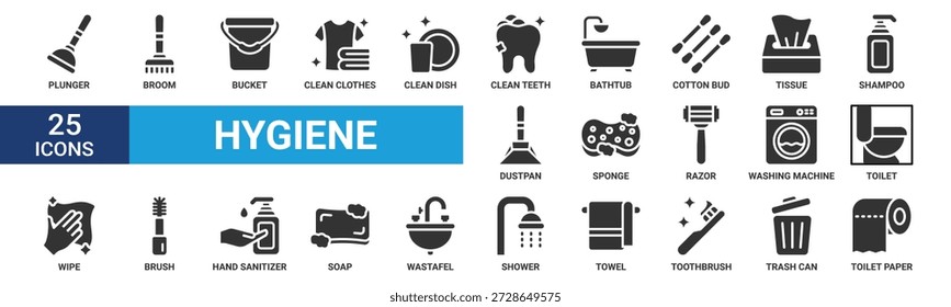 Conjunto de iconos de higiene. Contiene el émbolo, la escoba, el cubo, la ropa limpia, el plato limpio, los dientes limpios, la bañera, la yema de algodón, el pañuelo de papel, el champú y más. Colección de iconos de vectores de glifos.