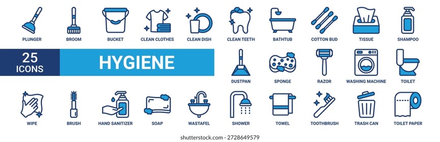 Conjunto de iconos de higiene. Contiene el émbolo, la escoba, el cubo, la ropa limpia, el plato limpio, los dientes limpios, la bañera, la yema de algodón, el pañuelo de papel, el champú y más. Iconos de vector azul colección.