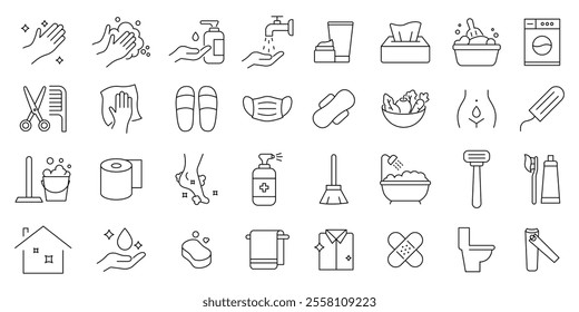  Hygiene icon set. containing sanitation, disinfection, sweep, bathing and more .editable stroke thin outline icon collection .