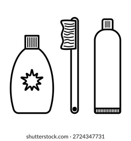 Hygiene-Symbolsatz mit Zahnbürste, Zahnpasta und Seifenflasche einzeln auf weißem Hintergrund, ideal für Körperpflege, Bad und Sauberkeitsdesign.