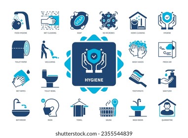 Hygiene icon set. Food Hygiene, Vacuuming, Wet Cleaning, Bathroom, Soap, Toothpaste, Fresh Air, Quarantine. Duotone color solid icons