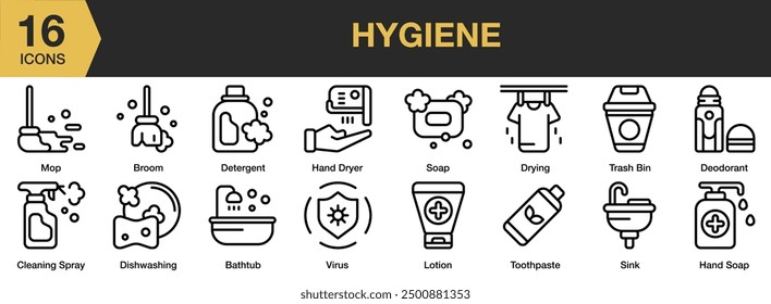Hygiene icon set. Includes bathtub, cleaning spray, hand dryer, lotion, mop, soap, and More. Outline icons vector collection.