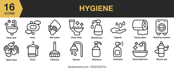 Hygiene-Icon-Set. Umfasst sauberes Spülbecken, Desinfektion, Dusche, Seife, Handtuch, Hand waschen und mehr. Gliederungssymbole, Vektorsammlung.