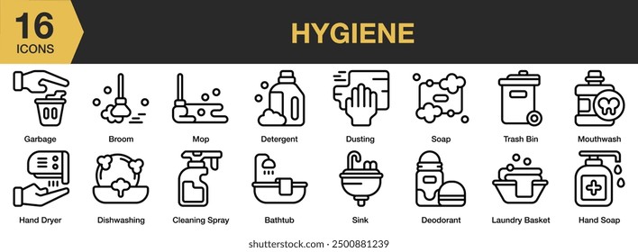 Hygiene icon set. Includes deodorant, hand dryer, mip, soap, sink, bathtub, and More. Outline icons vector collection.