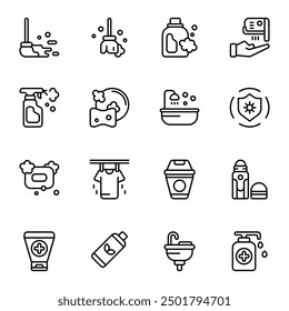 Hygiene icon set. Includes deodorant, hand dryer, mip, soap, sink, bathtub, and More. Outline icons vector collection.