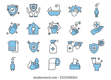 Hygiene icon set. Includes hygiene of hands, disinfection, hand washing, toilet cleaning, Cleanliness concept. Two tone icon style design. Simple vector design editable