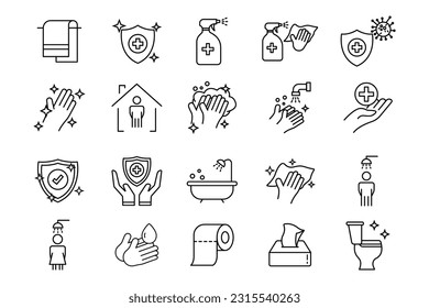 Hygiene icon set. Includes hygiene of hands, disinfection, hand washing, toilet cleaning, Cleanliness concept. Line icon style design. Simple vector design editable