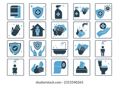 Hygiene icon set. Includes hygiene of hands, disinfection, hand washing, toilet cleaning, Cleanliness concept. Solid icon style design. Simple vector design editable