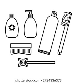 Conjunto de iconos de higiene que incluye cepillo de dientes, pasta de dientes, botella de jabón, champú, cepillo de ropa y cepillo de inodoro, aislado sobre fondo limpio para el diseño de saneamiento y limpieza.