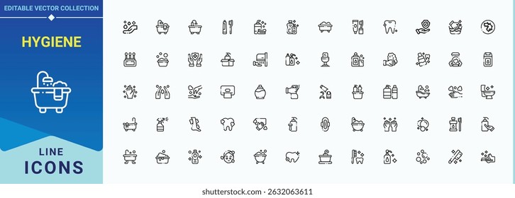 Hygiene icon set. Outline icons collection. Editable stroke. Vector collection. Washing icon set. Contains outline symbols like antiseptic, bath, medical, protect, sanitary, wash, disinfect and more.