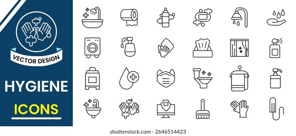 Hygiene icon set. Outline icon of hygiene vector like clean sink, disinfection, hand washing, dental care, cleanliness, health, shower, soap, towel, wash hand, and more. Vector illustration.
