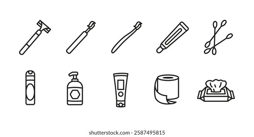 Hygiene icon set. Personal care and grooming vector illustration. Bathroom essentials concept. Toothbrush, razor and soap symbols. Skincare and dental sanitation representation.