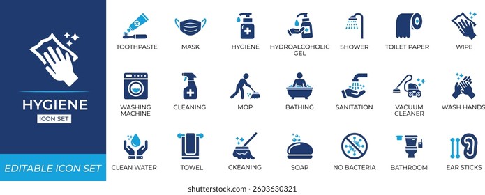 Hygiene icon set. Solid editable icon collection.