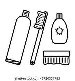 Conjunto de iconos de higiene con cepillo de dientes, pasta de dientes, botella de jabón y cepillo de ropa, aislado en un fondo limpio para el cuidado personal y el diseño de limpieza del hogar.