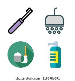 hygiene icon set. vector set about shower, mop, soap dispenser and toothbrush icons set.