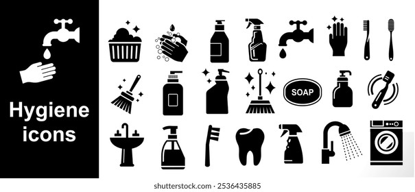 Conjunto de iconos de higiene. conjunto de iconos de limpieza, lavado e higiene del Vector. conjunto de iconos de tareas domésticas y limpieza. 