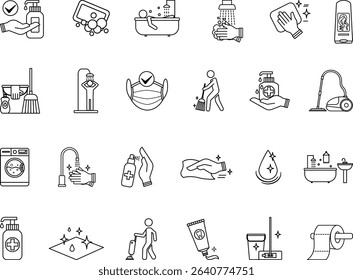 Hygiene Icon Set. Vector Illustrations Cleanliness, Disinfection, Cleaning, Soap, Sweeping, Mop, Bathing, Vacuum Cleaner, Sanitation, Hand Washing, Toilet Paper, Antiseptic, and More
