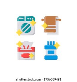 Icono de higiene con lavadora, toalla, lavavajillas y tejidos, Ilustraciones vectoriales.