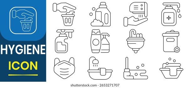 ícone Higiene do conjunto de vetores. Coleção de ícones de higiene. Inclui pia limpa, desinfecção, chuveiro, sabão, toalha, lavagem das mãos, saneamento, banho. Ajudar a manter a saúde e prevenir. Ilustração vetorial