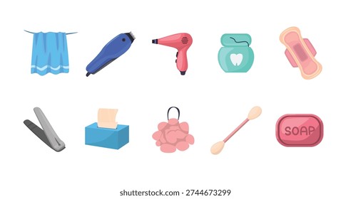 Hygiene icon vector set, set of personal hygiene and bathroom accessories, cleaning tools and household supplies set vector illustration