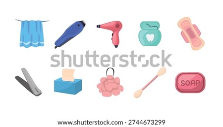 Hygiene icon vector set, set of personal hygiene and bathroom accessories, cleaning tools and household supplies set vector illustration