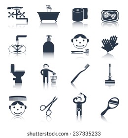 Hygiene icons black set with bath face and body care isolated vector illustration