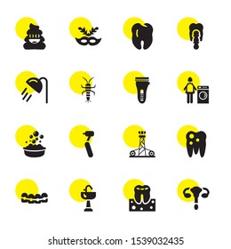 hygiene icons. Editable 16 hygiene icons. Included icons such as Uterus, Gum, Sink, Braces, Molar, Extraction, Dental drill, Foam, Cleaning, Shaver. hygiene trendy icons for web.