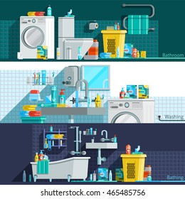 Hygiene icons flat horizontal banners with bathroom interior toiletries washing machine laundry basket vector illustration 