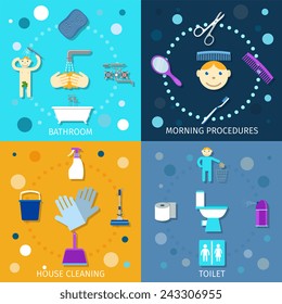 Hygiene icons flat set with bathroom morning procedures house cleaning toilet isolated vector illustration