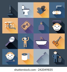 Hygiene icons flat set with body and face wash isolated vector illustration