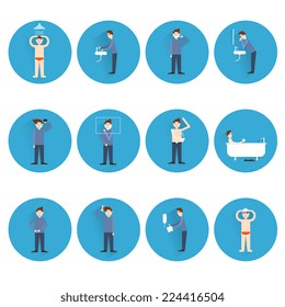 Hygiene icons flat set with man figures facial and body care isolated vector illustration