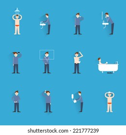 Hygiene icons flat set with people figures washing body cleaning isolated vector illustration