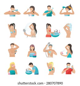 Hygiene icons flat set with people brushing teeth washing face and taking shower isolated vector illustration