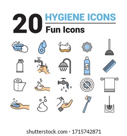 Hygiene icons. Image of soap, bottle soap, water drops, shower, Toothbrush, virus, bacteria, towel, plungertooth, paste, paper, faucet, sponge and hand cream.