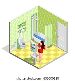 Hygiene icons isometric composition with realistic bathroom interior sanitary fitments and female character drying her hair vector illustration