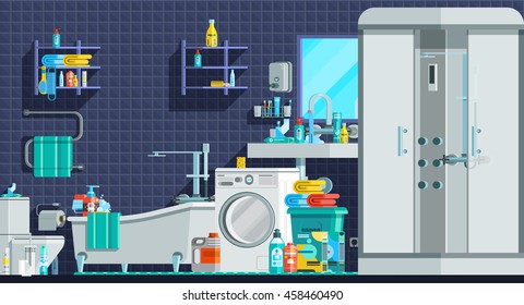 Hygiene icons orthogonal flat composition with shower cabin bath sink washing machine toiletries vector illustration 