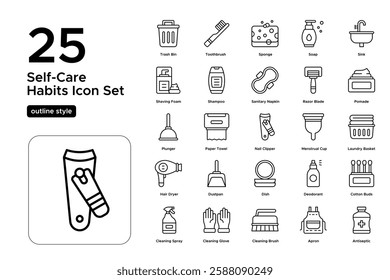 Hygiene Icons and Personal Care. Bathing, Brushing, and Grooming Symbols. Vector Illustration. Outline icon set