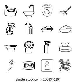 Hygiene icons. set of 16 editable outline hygiene icons such as baby bath, baby potty, spray bottle, electric razor, soap, shower, soap, bath, man wc, baby napkin, toothbrush