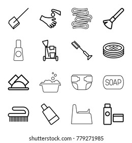 Hygiene icons. set of 16 editable outline hygiene icons such as shaving brush, cream tube, cleaning tools, dustpan, toothbrush, clean brush, hands washing, jacuzzi, napkin