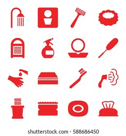 hygiene icons set. Set of 16 hygiene filled icons such as man WC, baby napkin, soap, spray bottle, powder, razor, toothbrush, sponge, shower, dust brush, towels