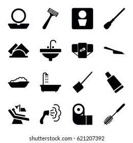 Hygiene icons set. set of 16 hygiene filled icons such as man WC, shower, diaper, baby bath, powder, razor, cream tube, dustpan, mop, toilet brush, paper towel, sink